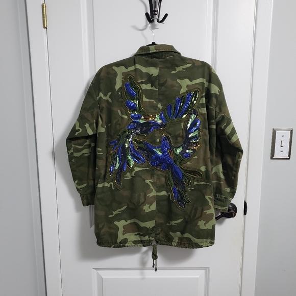 ZARA Camo Sequin Beaded Birds Jacket - Picture 7 of 16